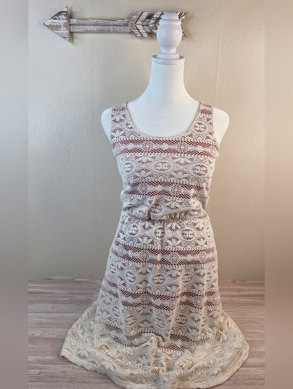 Maurices XS Cream Lace Midi Dress with Rust Accents